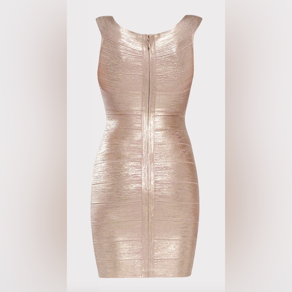 Herve Leger Rose Gold Criss Cross off the Shoulder Bandage Dress NWT - Picture 2 of 10